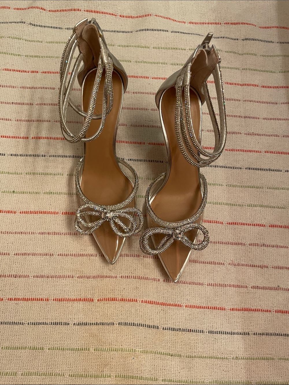 INC silver  with silver bow on top zipper at back 3 strap on top cute